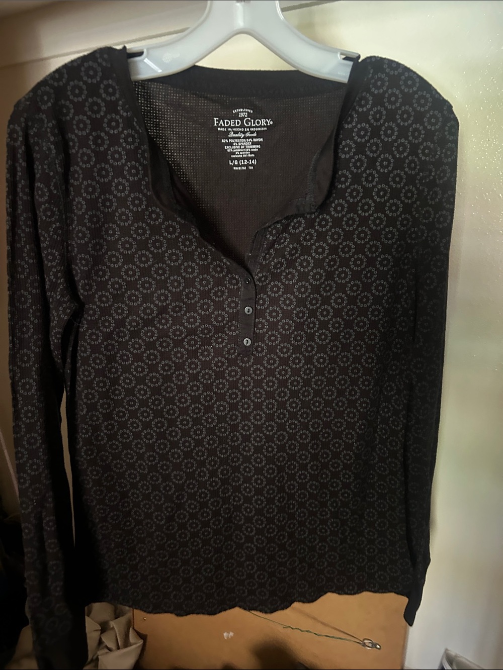 Faded Glory Black Long-Sleeve Henley with Subtle Floral Dots